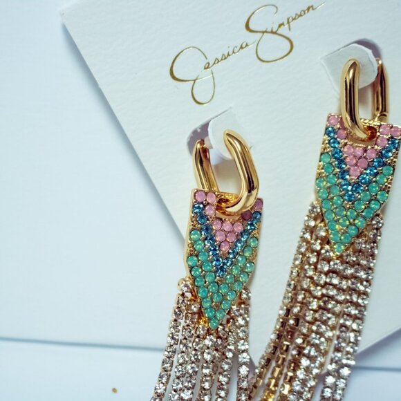 NWT Jessica Simpson Long Rain Multicolor Earrings crystals gold 3" shapes - Picture 6 of 6